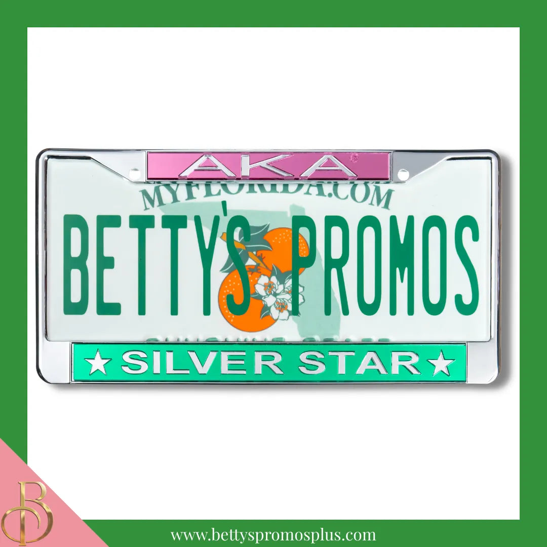 Alpha Kappa Alpha AKA Silver Star Chrome Laser Engraved Mirrored Acrylic Auto Tag License Plate Frame-Green Bottom-Alpha Kappa Alpha Paraphernalia-Alpha Kappa Alpha Auto Tag Frame-Betty's Promos Plus