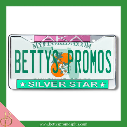 Alpha Kappa Alpha AKA Silver Star Chrome Laser Engraved Mirrored Acrylic Auto Tag License Plate Frame-Green Bottom-Alpha Kappa Alpha Paraphernalia-Alpha Kappa Alpha Auto Tag Frame-Betty's Promos Plus