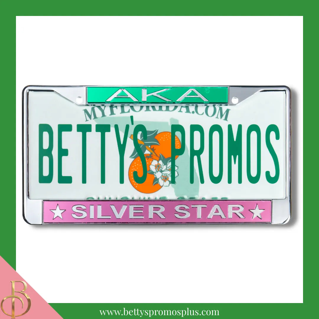 Alpha Kappa Alpha AKA Silver Star Chrome Laser Engraved Mirrored Acrylic Auto Tag License Plate Frame-Pink Bottom-Alpha Kappa Alpha Paraphernalia-Alpha Kappa Alpha Auto Tag Frame-Betty's Promos Plus