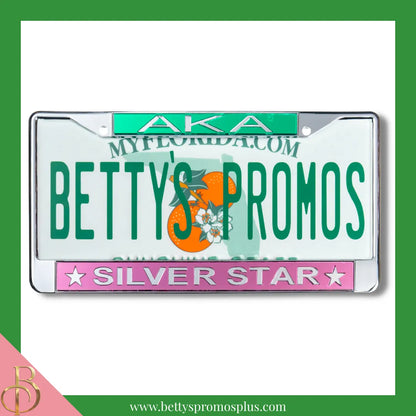 Alpha Kappa Alpha AKA Silver Star Chrome Laser Engraved Mirrored Acrylic Auto Tag License Plate Frame-Pink Bottom-Alpha Kappa Alpha Paraphernalia-Alpha Kappa Alpha Auto Tag Frame-Betty's Promos Plus