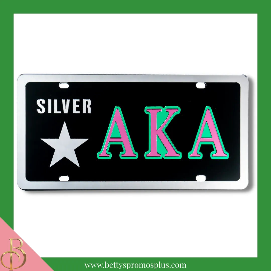 Alpha Kappa Alpha AKA Silver Star Laser Engraved Mirrored Acrylic Auto Tag License Plate-Black Background-Alpha Kappa Alpha Paraphernalia-Alpha Kappa Alpha Auto Tag-Betty's Promos Plus