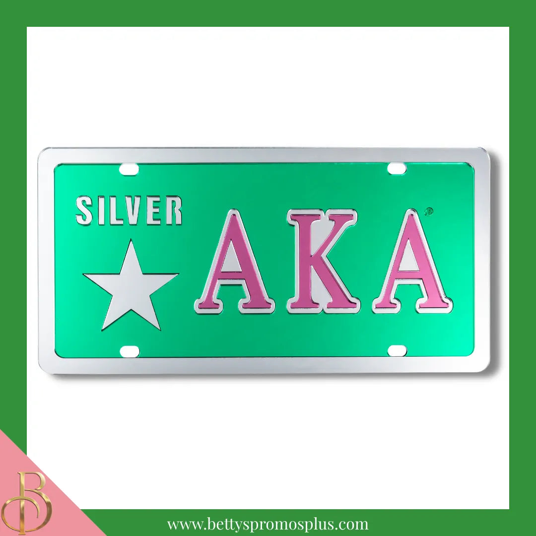 Alpha Kappa Alpha AKA Silver Star Laser Engraved Mirrored Acrylic Auto Tag License Plate-Green Background-Alpha Kappa Alpha Paraphernalia-Alpha Kappa Alpha Auto Tag-Betty's Promos Plus