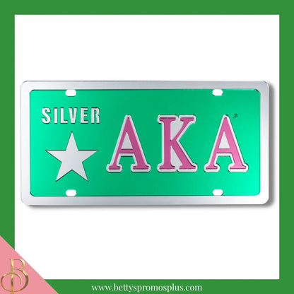 Alpha Kappa Alpha AKA Silver Star Laser Engraved Mirrored Acrylic Auto Tag License Plate-Green Background-Alpha Kappa Alpha Paraphernalia-Alpha Kappa Alpha Auto Tag-Betty's Promos Plus