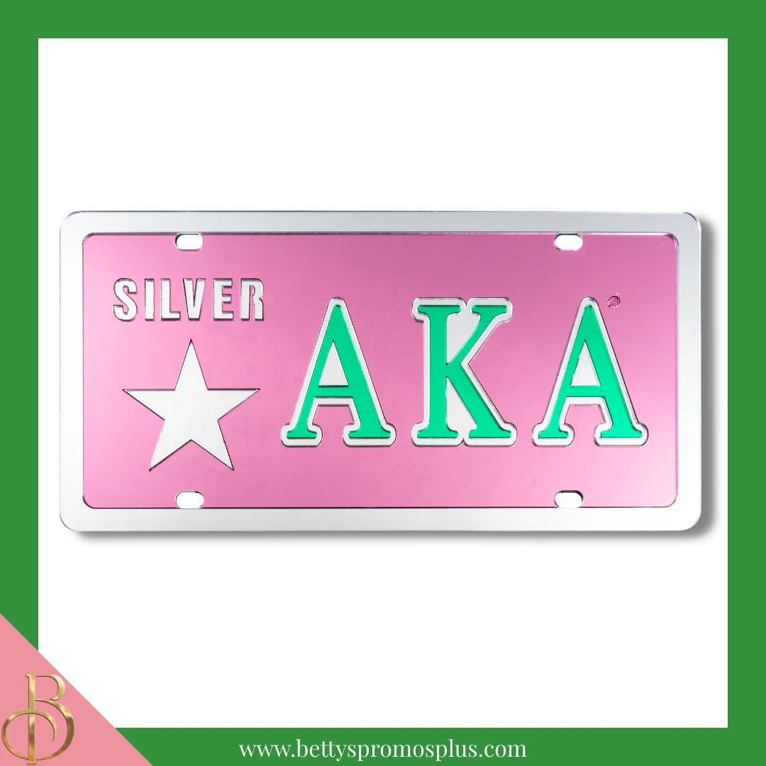 Alpha Kappa Alpha AKA Silver Star Laser Engraved Mirrored Acrylic Auto Tag License Plate-Pink Background-Alpha Kappa Alpha Paraphernalia-Alpha Kappa Alpha Auto Tag-Betty's Promos Plus