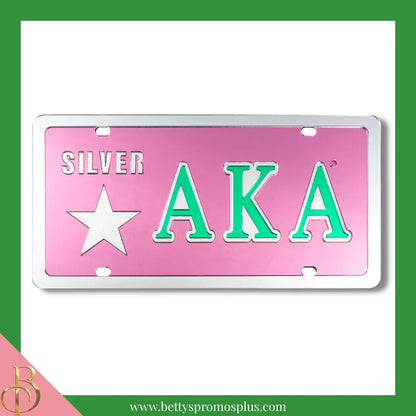 Alpha Kappa Alpha AKA Silver Star Laser Engraved Mirrored Acrylic Auto Tag License Plate-Pink Background-Alpha Kappa Alpha Paraphernalia-Alpha Kappa Alpha Auto Tag-Betty's Promos Plus
