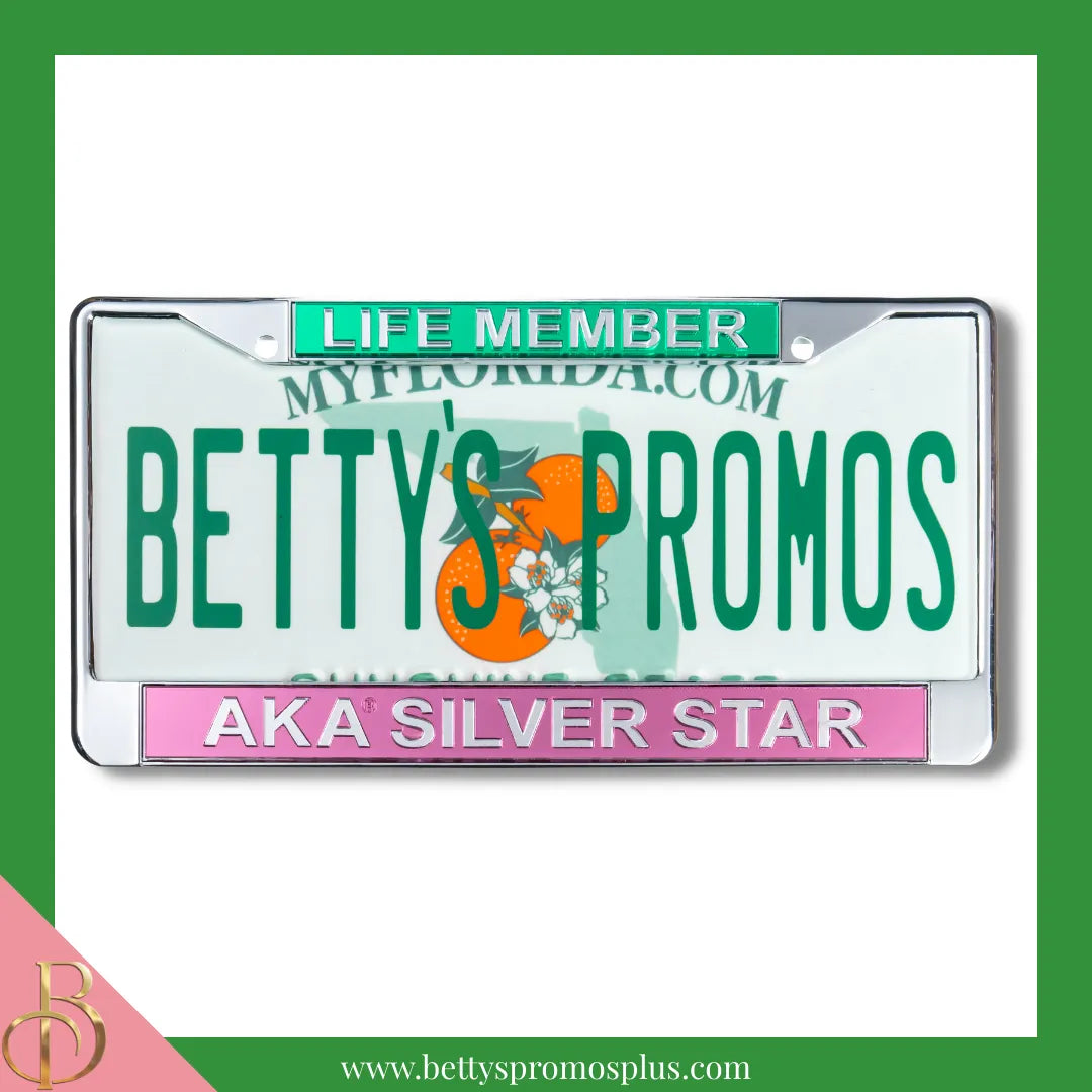 Alpha Kappa Alpha AKA Silver Star Life Member Chrome Laser Engraved Mirrored Acrylic Auto Tag License Plate Frame-Alpha Kappa Alpha Paraphernalia-Alpha Kappa Alpha Auto Tag Frame-Betty's Promos Plus
