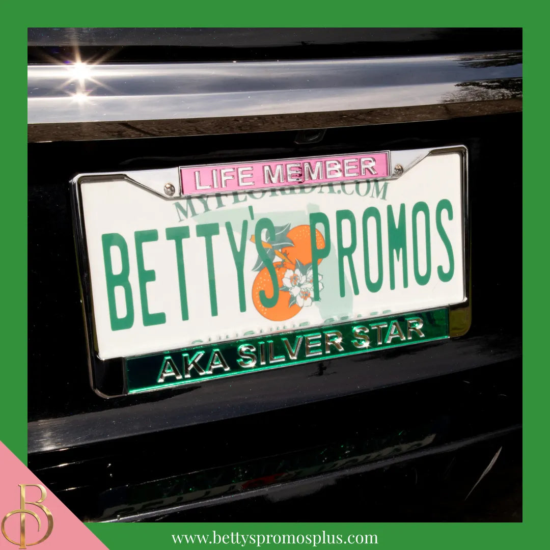 Alpha Kappa Alpha AKA Silver Star Life Member Chrome Laser Engraved Mirrored Acrylic Auto Tag License Plate Frame-Alpha Kappa Alpha Paraphernalia-Alpha Kappa Alpha Auto Tag Frame-Betty's Promos Plus