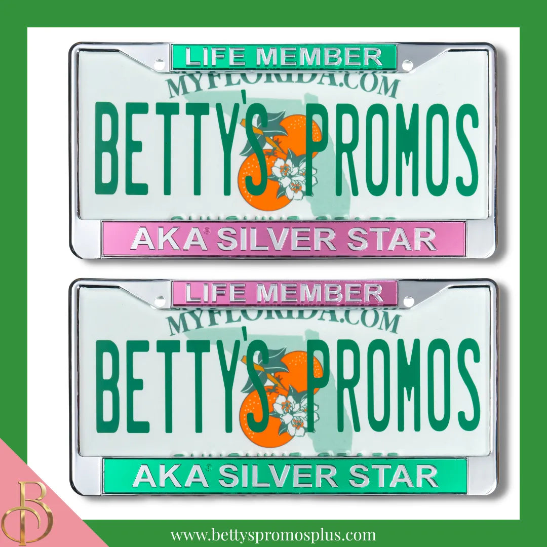 Alpha Kappa Alpha AKA Silver Star Life Member Chrome Laser Engraved Mirrored Acrylic Auto Tag License Plate Frame-Alpha Kappa Alpha Paraphernalia-Alpha Kappa Alpha Auto Tag Frame-Betty's Promos Plus