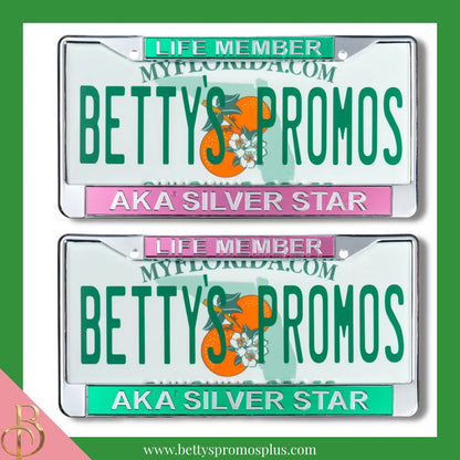 Alpha Kappa Alpha AKA Silver Star Life Member Chrome Laser Engraved Mirrored Acrylic Auto Tag License Plate Frame-Alpha Kappa Alpha Paraphernalia-Alpha Kappa Alpha Auto Tag Frame-Betty's Promos Plus