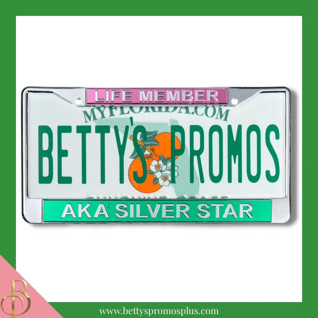 Alpha Kappa Alpha AKA Silver Star Life Member Chrome Laser Engraved Mirrored Acrylic Auto Tag License Plate Frame-Green Bottom-Alpha Kappa Alpha Paraphernalia-Alpha Kappa Alpha Auto Tag Frame-Betty's Promos Plus
