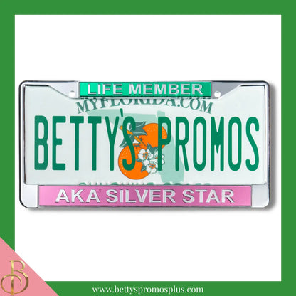 Alpha Kappa Alpha AKA Silver Star Life Member Chrome Laser Engraved Mirrored Acrylic Auto Tag License Plate Frame-Pink Bottom-Alpha Kappa Alpha Paraphernalia-Alpha Kappa Alpha Auto Tag Frame-Betty's Promos Plus