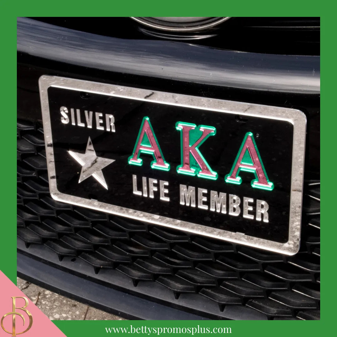 Alpha Kappa Alpha AKA Silver Star Life Member Laser Engraved Mirrored Acrylic Auto Tag License Plate-Alpha Kappa Alpha Paraphernalia-Alpha Kappa Alpha Auto Tag-Betty's Promos Plus