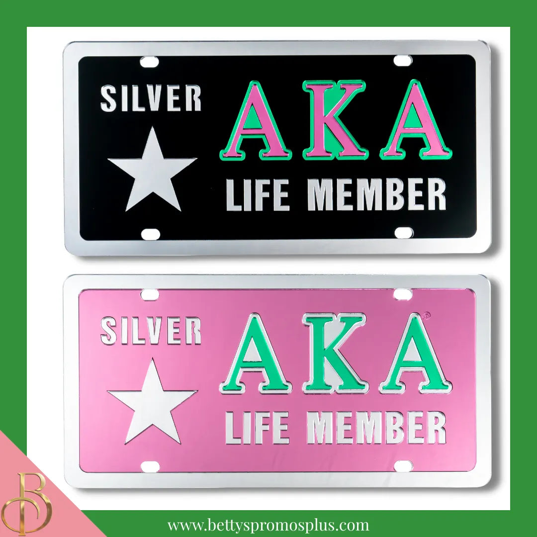 Alpha Kappa Alpha AKA Silver Star Life Member Laser Engraved Mirrored Acrylic Auto Tag License Plate-Alpha Kappa Alpha Paraphernalia-Alpha Kappa Alpha Auto Tag-Betty's Promos Plus
