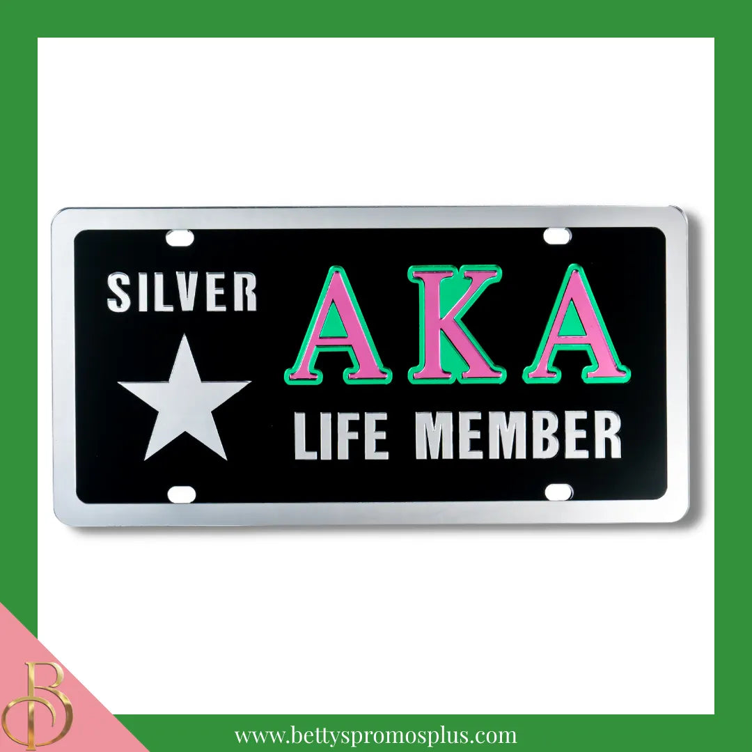 Alpha Kappa Alpha AKA Silver Star Life Member Laser Engraved Mirrored Acrylic Auto Tag License Plate-Black Background-Alpha Kappa Alpha Paraphernalia-Alpha Kappa Alpha Auto Tag-Betty's Promos Plus