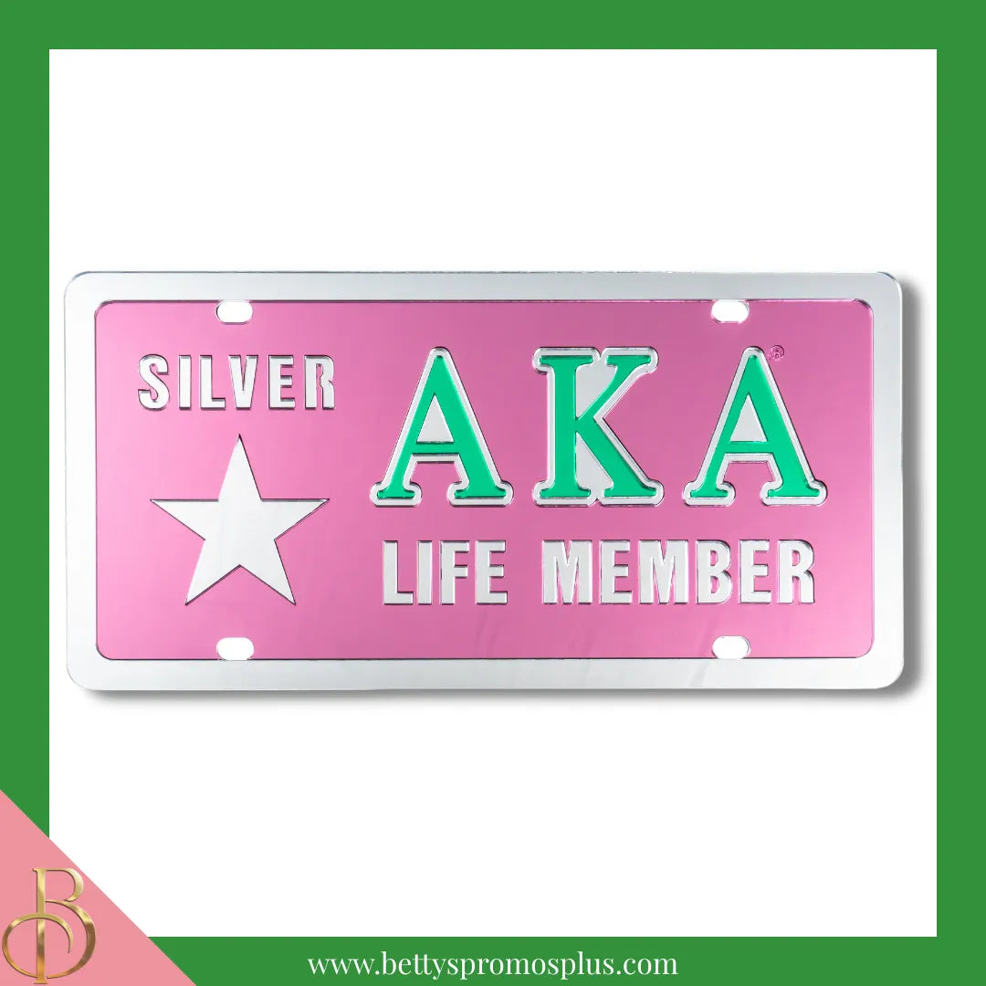 Alpha Kappa Alpha AKA Silver Star Life Member Laser Engraved Mirrored Acrylic Auto Tag License Plate-Pink-Alpha Kappa Alpha Paraphernalia-Alpha Kappa Alpha Auto Tag-Betty's Promos Plus