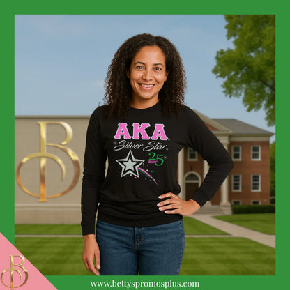 Alpha Kappa Alpha AKA Silver Star Long Sleeve T-Shirt-Alpha Kappa Alpha Paraphernalia-Alpha Kappa Alpha T-Shirts-Betty's Promos Plus