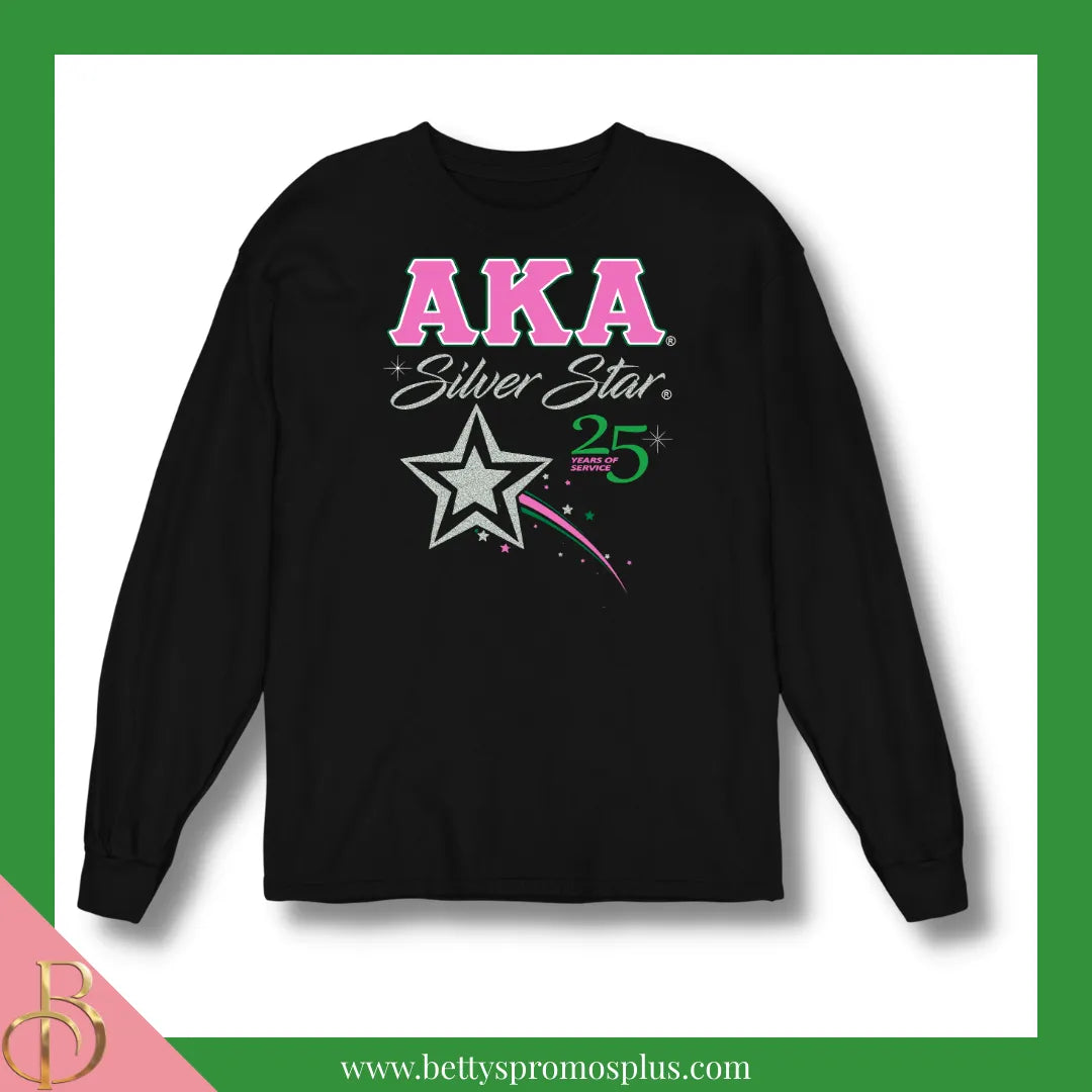 Alpha Kappa Alpha AKA Silver Star Long Sleeve T-Shirt-Alpha Kappa Alpha Paraphernalia-Alpha Kappa Alpha T-Shirts-Betty's Promos Plus