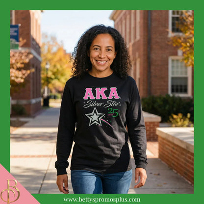 Alpha Kappa Alpha AKA Silver Star Long Sleeve T-Shirt-Alpha Kappa Alpha Paraphernalia-Alpha Kappa Alpha T-Shirts-Betty's Promos Plus