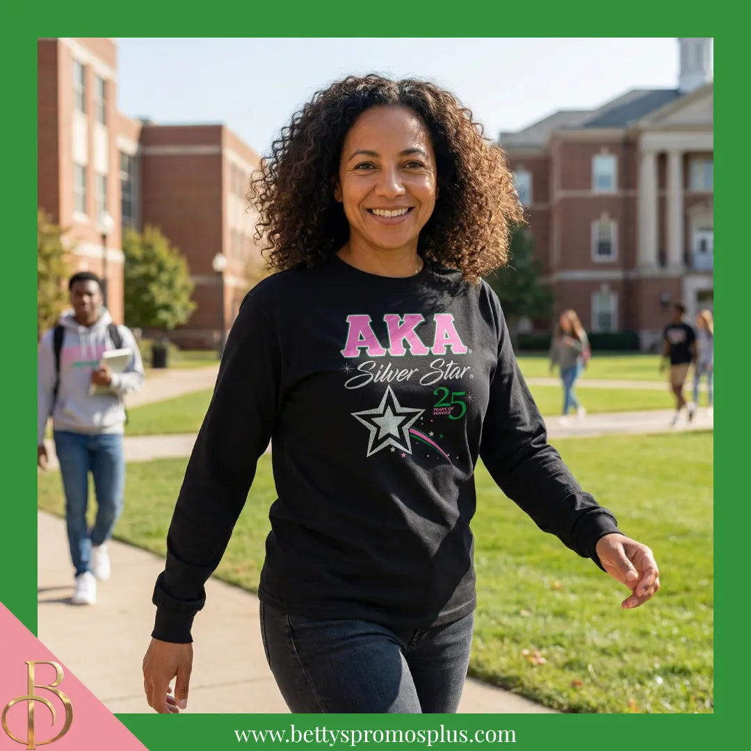 Alpha Kappa Alpha AKA Silver Star Long Sleeve T-Shirt-Alpha Kappa Alpha Paraphernalia-Alpha Kappa Alpha T-Shirts-Betty's Promos Plus
