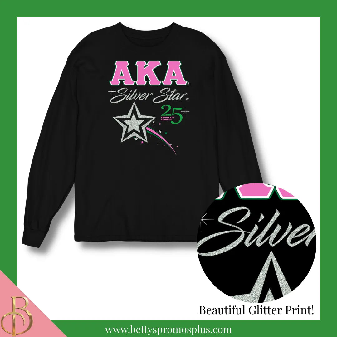 Alpha Kappa Alpha AKA Silver Star Long Sleeve T-Shirt-Alpha Kappa Alpha Paraphernalia-Alpha Kappa Alpha T-Shirts-Betty's Promos Plus
