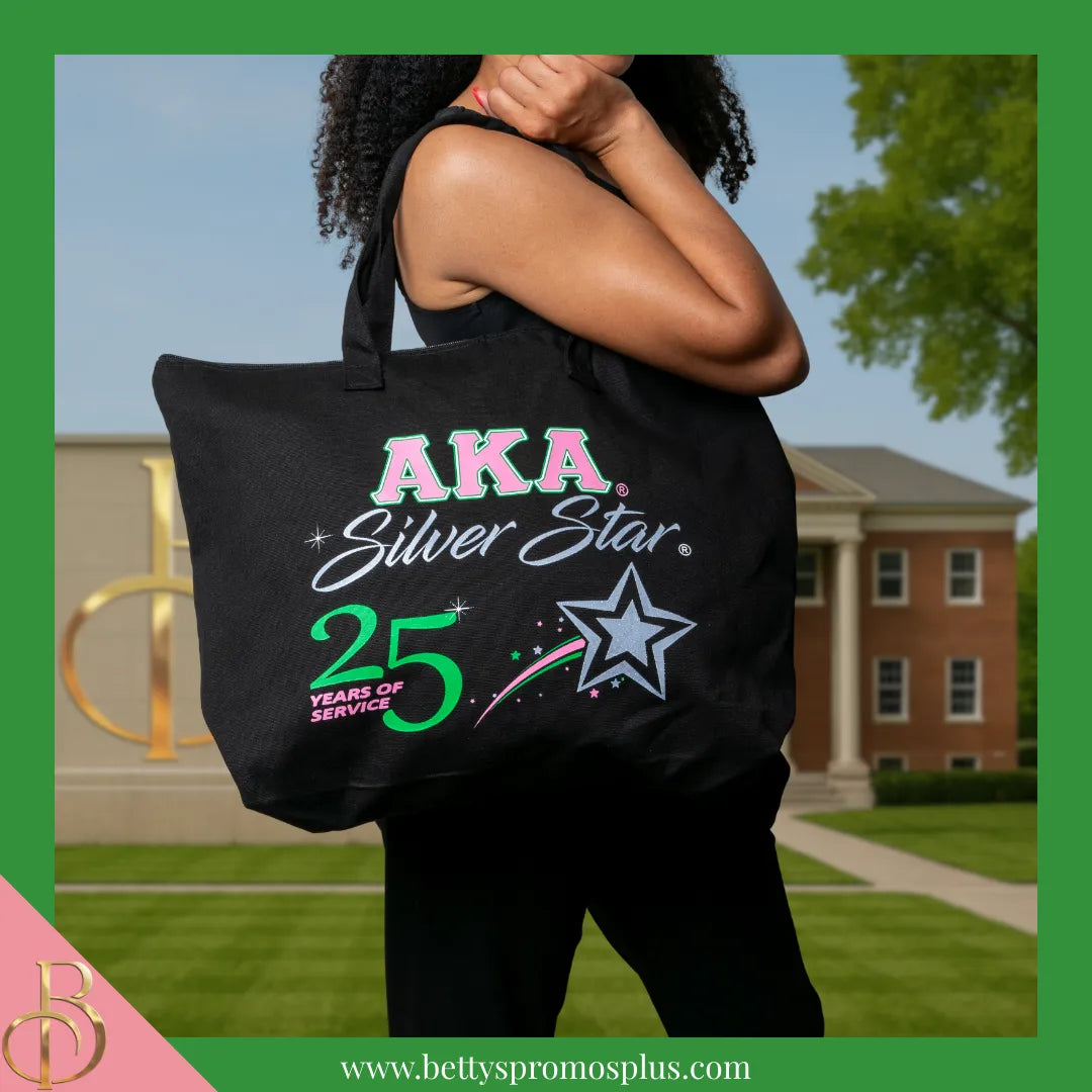 Alpha Kappa Alpha AKA Silver Star Screen Printed Tote Bag-Alpha Kappa Alpha Paraphernalia-Alpha Kappa Alpha Tote Bags-Betty's Promos Plus