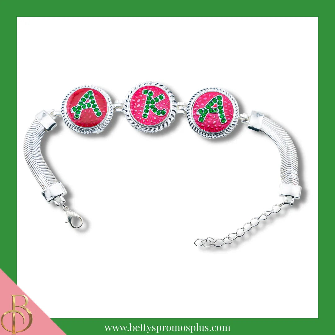 Alpha Kappa Alpha AKA Snap Button Bracelet Jewelry with Interchangeable Snaps-Silver-Triple Bracelet-Triple AKA Letters-Alpha Kappa Alpha Paraphernalia-Alpha Kappa Alpha Bracelet-Betty's Promos Plus
