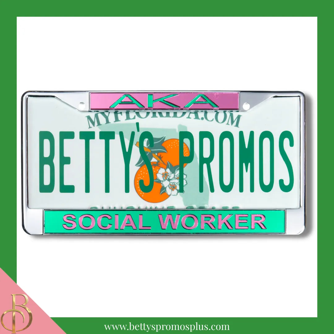 Alpha Kappa Alpha AKA Social Worker Chrome Laser Engraved Mirrored Acrylic Auto Tag License Plate Frame-Green Bottom-Alpha Kappa Alpha Paraphernalia-Alpha Kappa Alpha Auto Tag Frame-Betty's Promos Plus