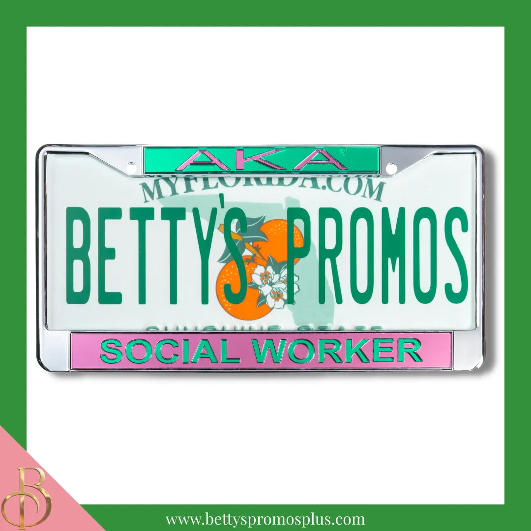 Alpha Kappa Alpha AKA Social Worker Chrome Laser Engraved Mirrored Acrylic Auto Tag License Plate Frame-Pink Bottom-Alpha Kappa Alpha Paraphernalia-Alpha Kappa Alpha Auto Tag Frame-Betty's Promos Plus