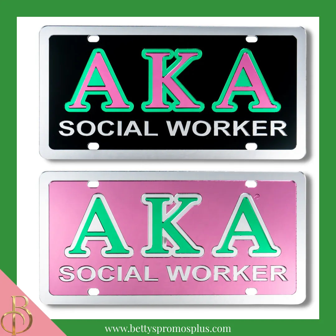Alpha Kappa Alpha AKA Social Worker Laser Engraved Mirrored Acrylic Auto Tag License Plate-Alpha Kappa Alpha Paraphernalia-Alpha Kappa Alpha Auto Tag-Betty's Promos Plus