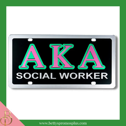 Alpha Kappa Alpha AKA Social Worker Laser Engraved Mirrored Acrylic Auto Tag License Plate-Black-Alpha Kappa Alpha Paraphernalia-Alpha Kappa Alpha Auto Tag-Betty's Promos Plus
