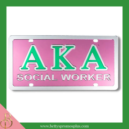 Alpha Kappa Alpha AKA Social Worker Laser Engraved Mirrored Acrylic Auto Tag License Plate-Pink-Alpha Kappa Alpha Paraphernalia-Alpha Kappa Alpha Auto Tag-Betty's Promos Plus