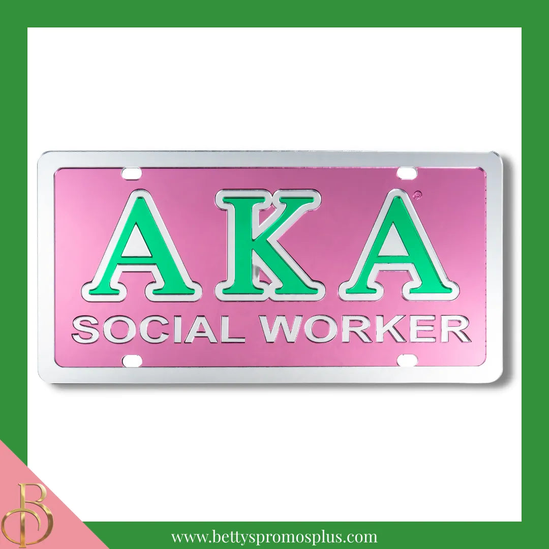 Alpha Kappa Alpha AKA Social Worker Laser Engraved Mirrored Acrylic Auto Tag License Plate-Pink Background-Alpha Kappa Alpha Paraphernalia-Alpha Kappa Alpha Auto Tag-Betty's Promos Plus