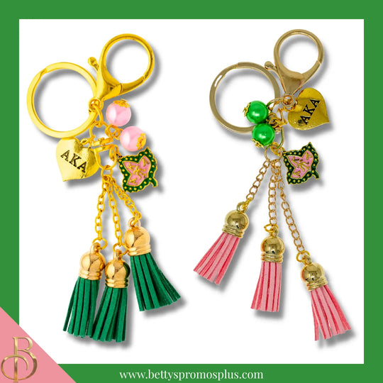 Alpha Kappa Alpha AKA Tassel Keychain with AKA Crest Charm-Alpha Kappa Alpha Paraphernalia-Alpha Kappa Alpha Keychain-Betty's Promos Plus