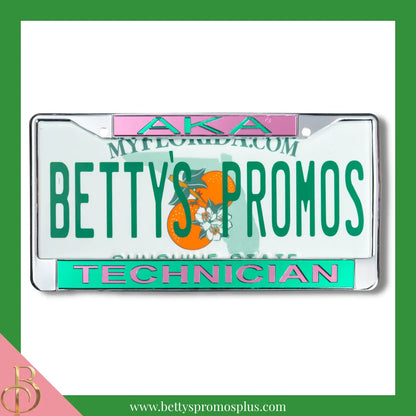 Alpha Kappa Alpha AKA Technician Chrome Laser Engraved Mirrored Acrylic Auto Tag License Plate Frame-Green Bottom-Alpha Kappa Alpha Paraphernalia-Alpha Kappa Alpha Auto Tag Frame-Betty's Promos Plus