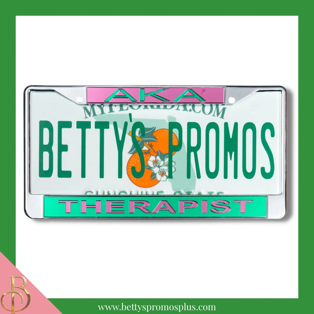 Alpha Kappa Alpha AKA Therapist Chrome Laser Engraved Mirrored Acrylic Auto Tag License Plate Frame-Green Bottom-Alpha Kappa Alpha Paraphernalia-Alpha Kappa Alpha Auto Tag Frame-Betty's Promos Plus