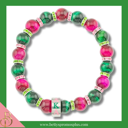 Alpha Kappa Alpha AKA Tiger Eye Beaded Bracelet with Rhinestone Spacers-Pink & Green-Alpha Kappa Alpha Paraphernalia-Alpha Kappa Alpha Bracelet-Betty's Promos Plus