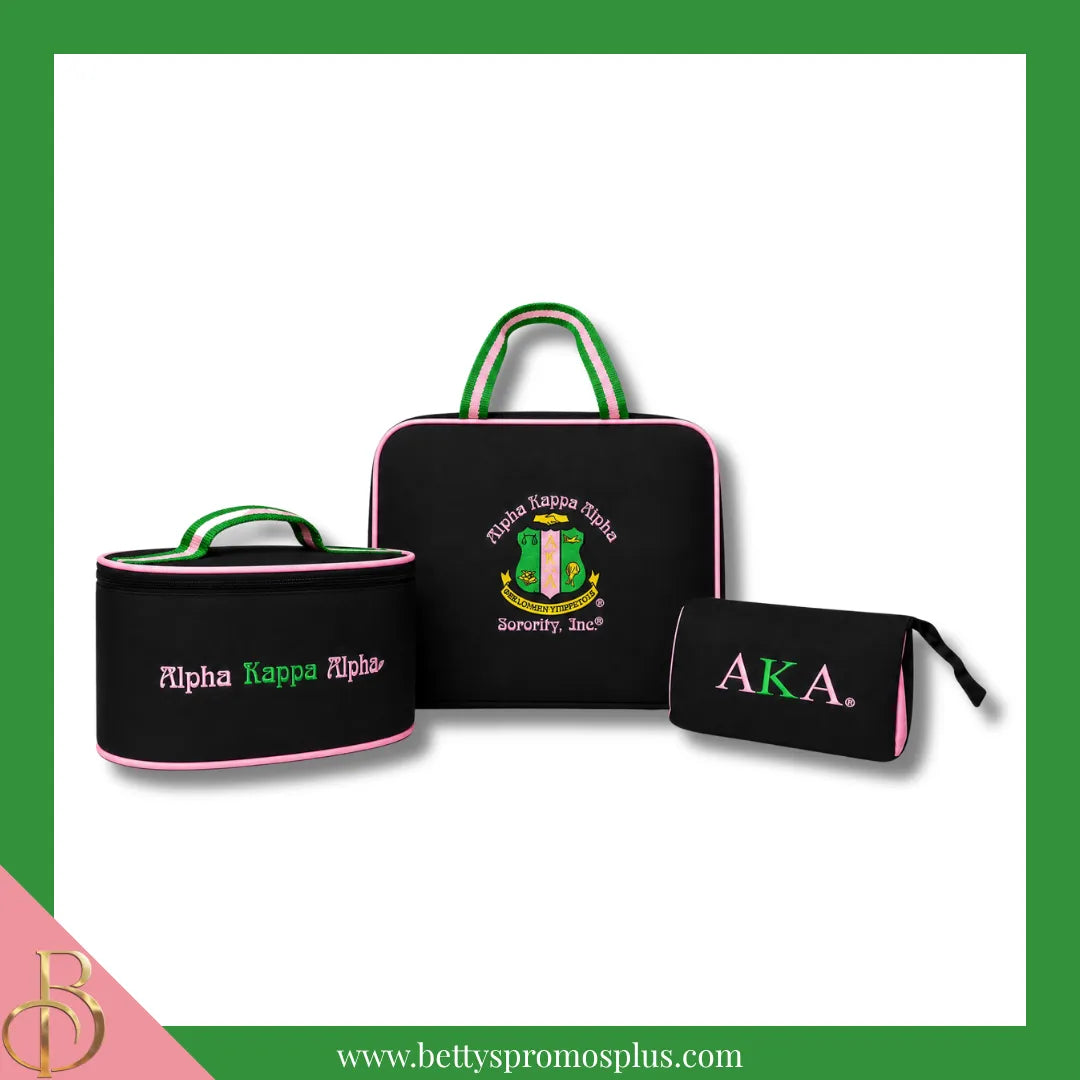 Alpha Kappa Alpha AKA Toiletry Bag Set of 3 Makeup Travel Kit Bathroom and Luggage Organizer-Black-Alpha Kappa Alpha Paraphernalia-Alpha Kappa Alpha Cosmetic Case-Betty's Promos Plus