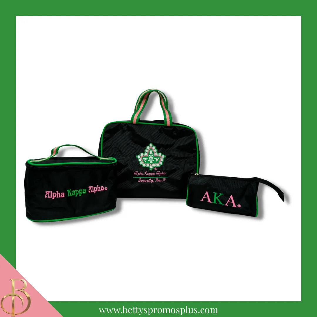 Alpha Kappa Alpha AKA Toiletry Bag Set of 3 Makeup Travel Kit Bathroom and Luggage Organizer-Green Trim-Alpha Kappa Alpha Paraphernalia-Alpha Kappa Alpha Cosmetic Case-Betty's Promos Plus