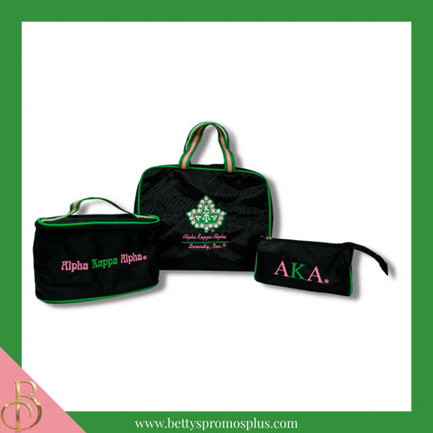 Alpha Kappa Alpha AKA Toiletry Bag Set of 3 Makeup Travel Kit Bathroom and Luggage Organizer-Green Trim-Alpha Kappa Alpha Paraphernalia-Alpha Kappa Alpha Cosmetic Case-Betty's Promos Plus