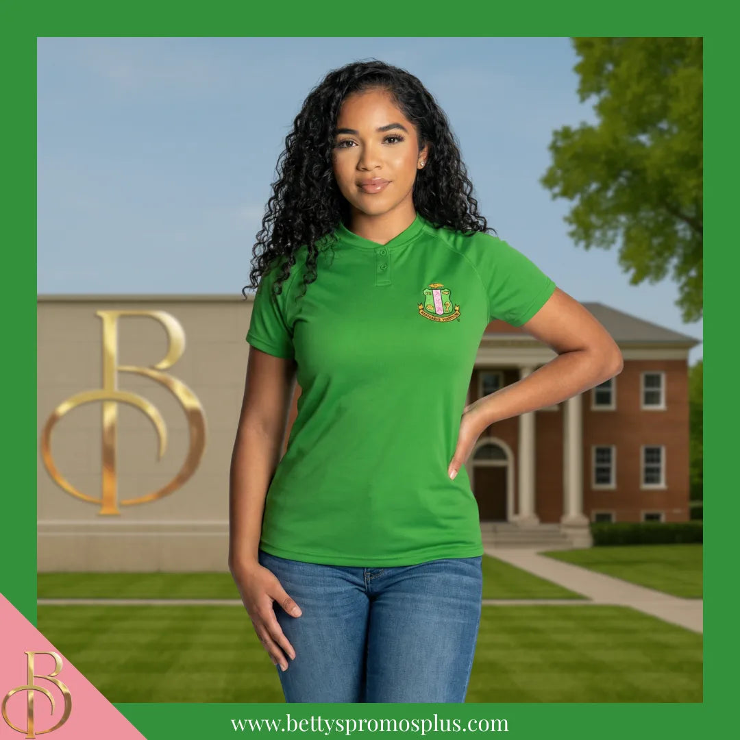 Alpha Kappa Alpha AKA Two-Button Baseball Henley Shirt with Embroidered Shield-Alpha Kappa Alpha Paraphernalia-Alpha Kappa Alpha Button-Up Shirts-Betty's Promos Plus