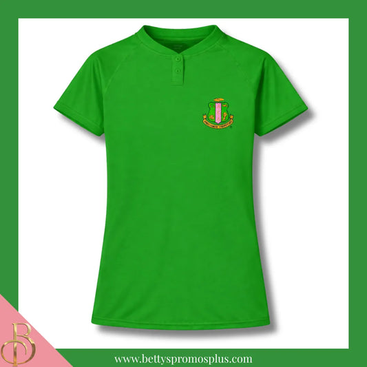 Alpha Kappa Alpha AKA Two-Button Baseball Henley Shirt with Embroidered Shield-Green-Small-Alpha Kappa Alpha Paraphernalia-Alpha Kappa Alpha Button-Up Shirts-Betty's Promos Plus