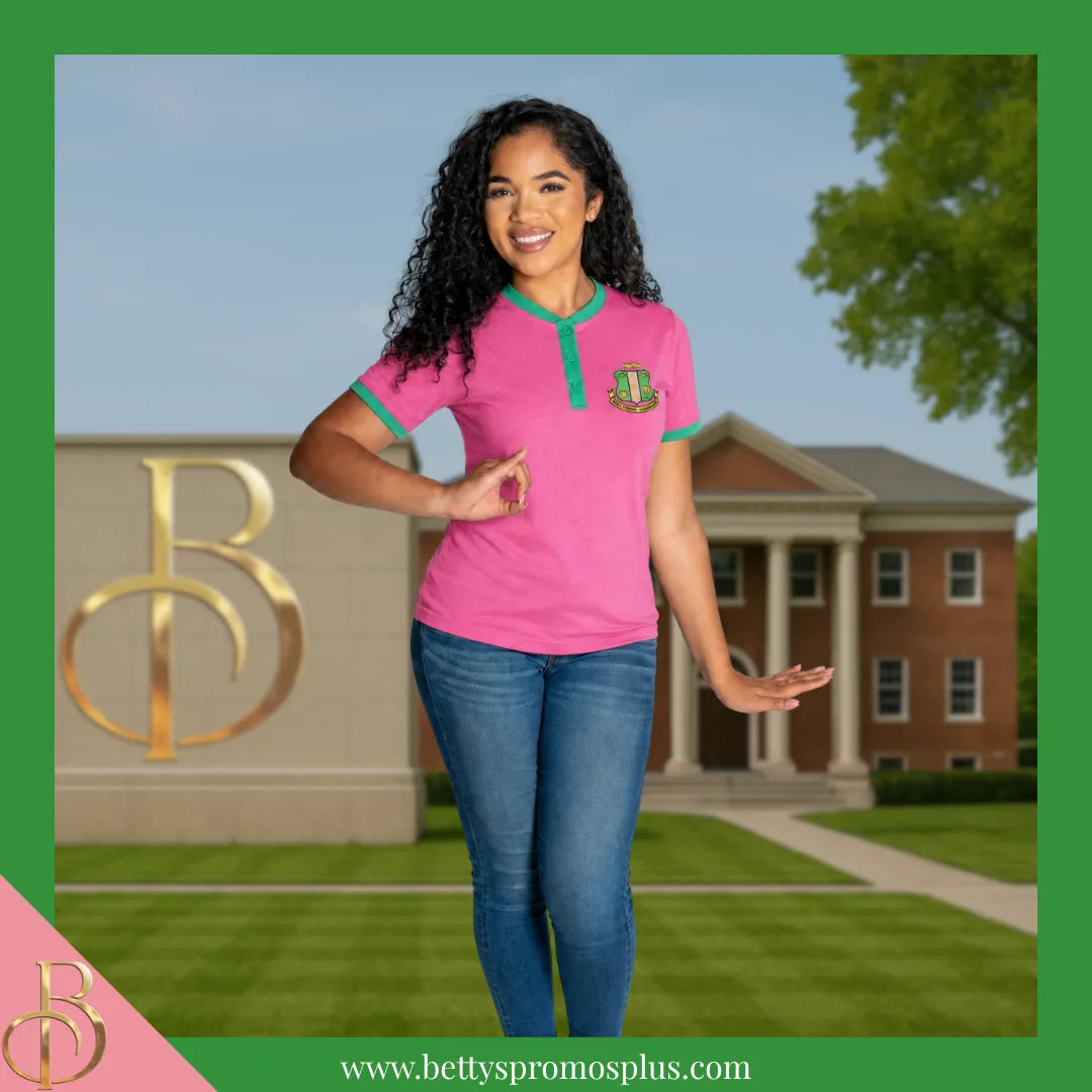 Alpha Kappa Alpha AKA Two-Tone Pink & Green Henley Shirt with Embroidered Shield-Alpha Kappa Alpha Paraphernalia-Alpha Kappa Alpha T-Shirts-Betty's Promos Plus