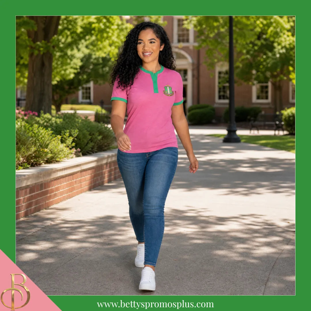 Alpha Kappa Alpha AKA Two-Tone Pink & Green Henley Shirt with Embroidered Shield-Alpha Kappa Alpha Paraphernalia-Alpha Kappa Alpha T-Shirts-Betty's Promos Plus