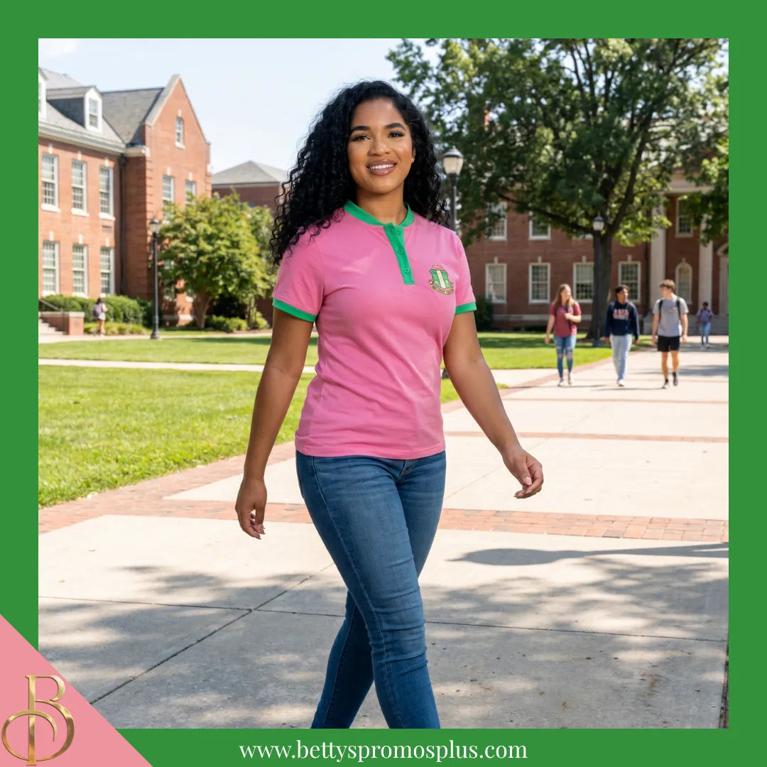 Alpha Kappa Alpha AKA Two-Tone Pink & Green Henley Shirt with Embroidered Shield-Alpha Kappa Alpha Paraphernalia-Alpha Kappa Alpha T-Shirts-Betty's Promos Plus