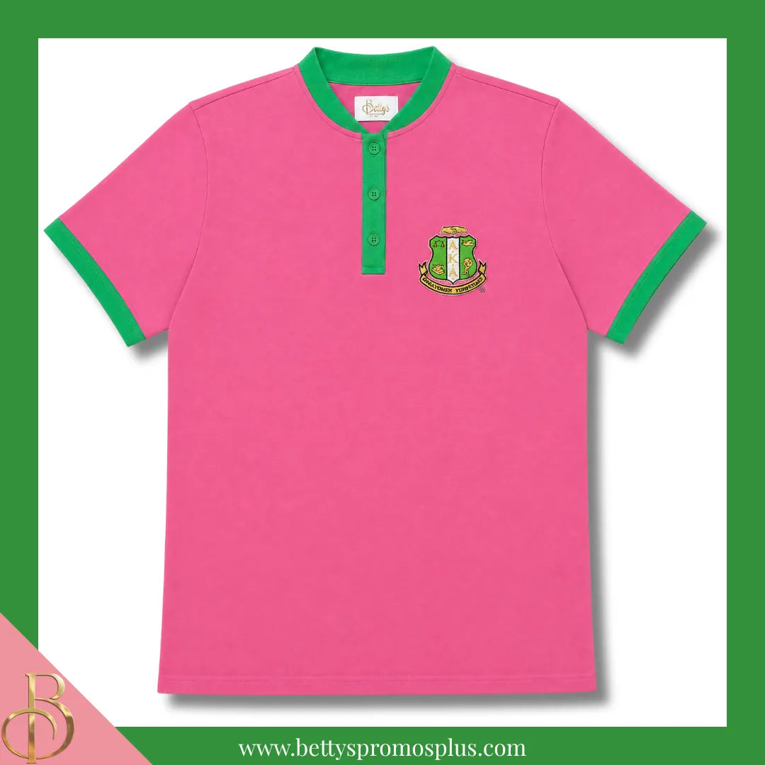 Alpha Kappa Alpha AKA Two-Tone Pink & Green Henley Shirt with Embroidered Shield-Pink-Small-Alpha Kappa Alpha Paraphernalia-Alpha Kappa Alpha T-Shirts-Betty's Promos Plus
