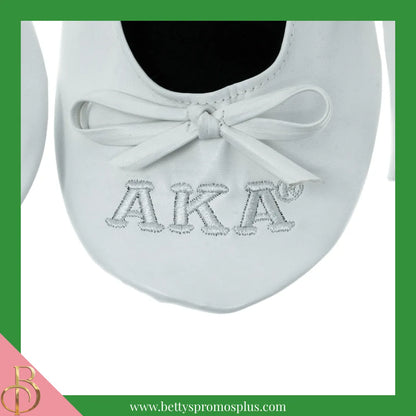 Alpha Kappa Alpha AKA Uninterrupted White Embroidered Ballet Flats with Carrying Case-Alpha Kappa Alpha Paraphernalia-Alpha Kappa Alpha Ballet Flats-Betty's Promos Plus