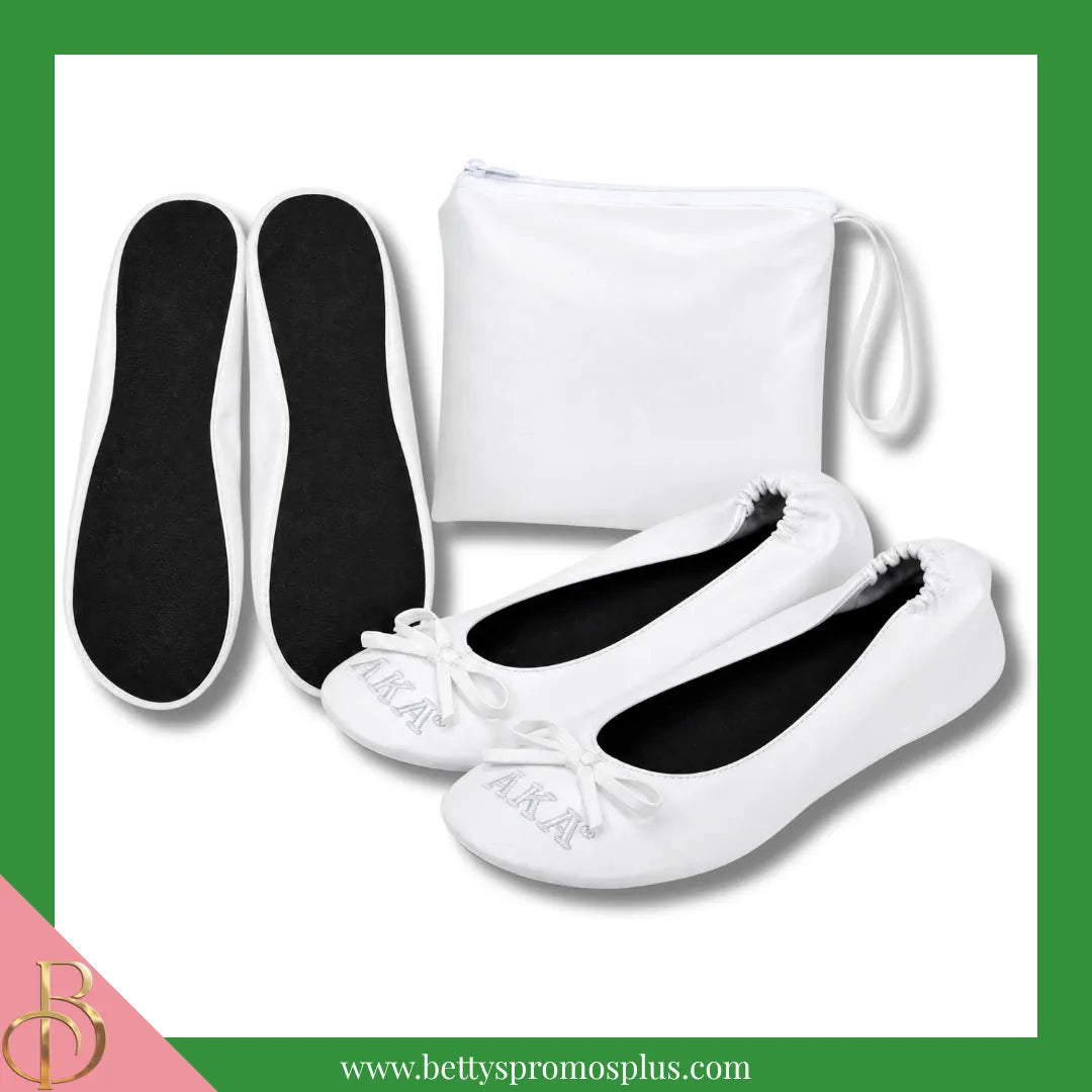 Alpha Kappa Alpha AKA Uninterrupted White Embroidered Ballet Flats with Carrying Case-Alpha Kappa Alpha Paraphernalia-Alpha Kappa Alpha Ballet Flats-Betty's Promos Plus