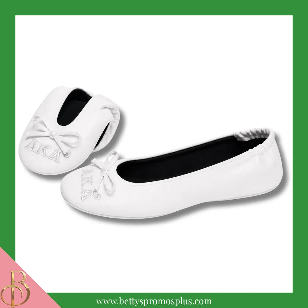 Alpha Kappa Alpha AKA Uninterrupted White Embroidered Ballet Flats with Carrying Case-Alpha Kappa Alpha Paraphernalia-Alpha Kappa Alpha Ballet Flats-Betty's Promos Plus