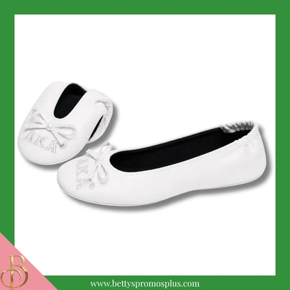 Alpha Kappa Alpha AKA Uninterrupted White Embroidered Ballet Flats with Carrying Case-Alpha Kappa Alpha Paraphernalia-Alpha Kappa Alpha Ballet Flats-Betty's Promos Plus
