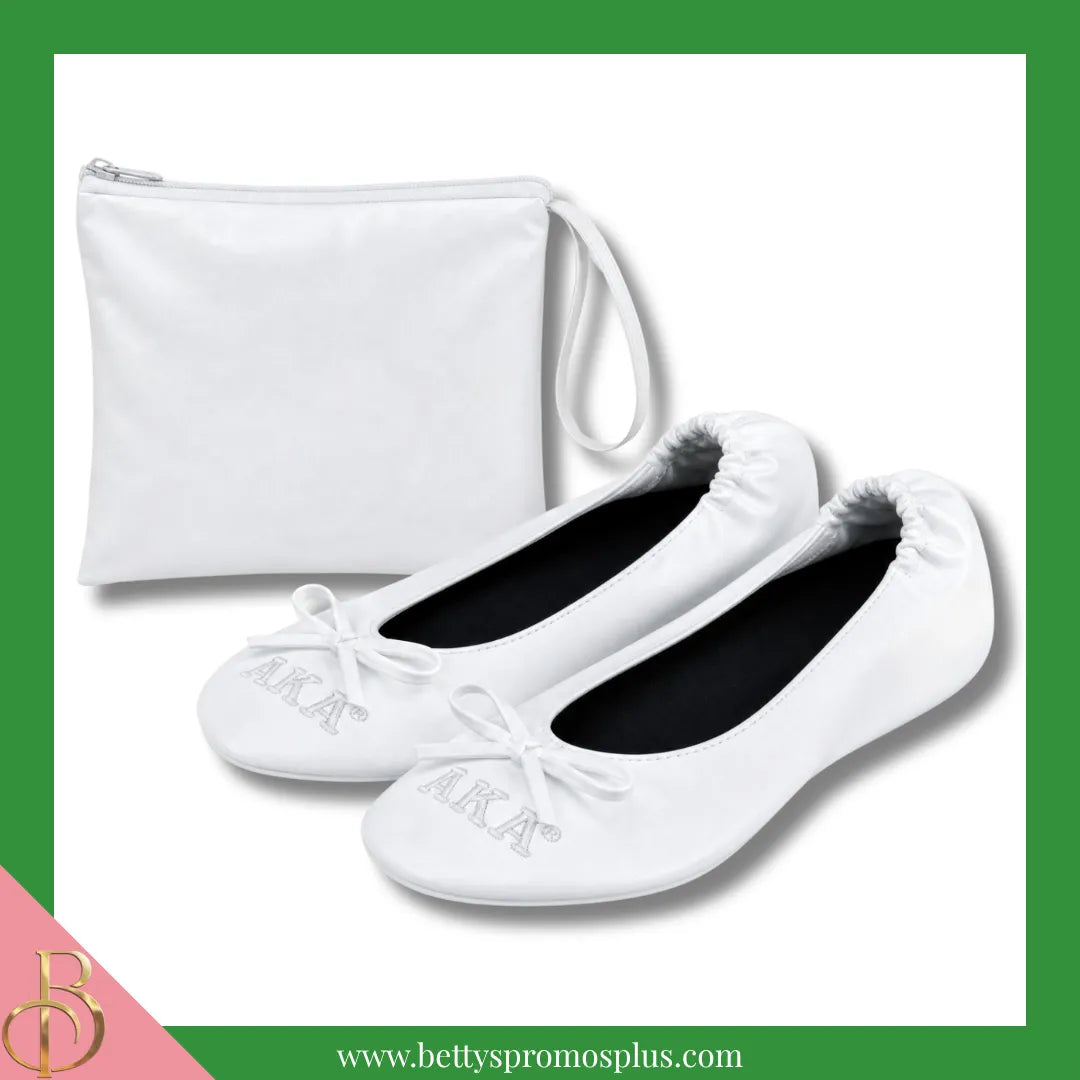 Alpha Kappa Alpha AKA Uninterrupted White Embroidered Ballet Flats with Carrying Case-Alpha Kappa Alpha Paraphernalia-Alpha Kappa Alpha Ballet Flats-Betty's Promos Plus